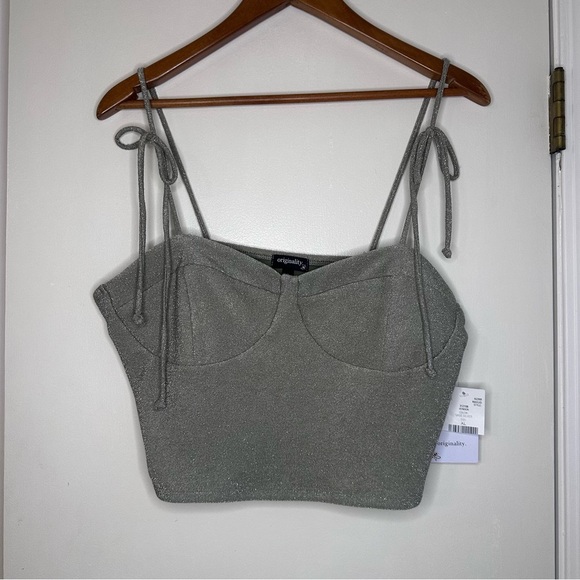 Originality Tops - Originality Sage Silver Metallic Tie Strap Bustier Crop Top XL